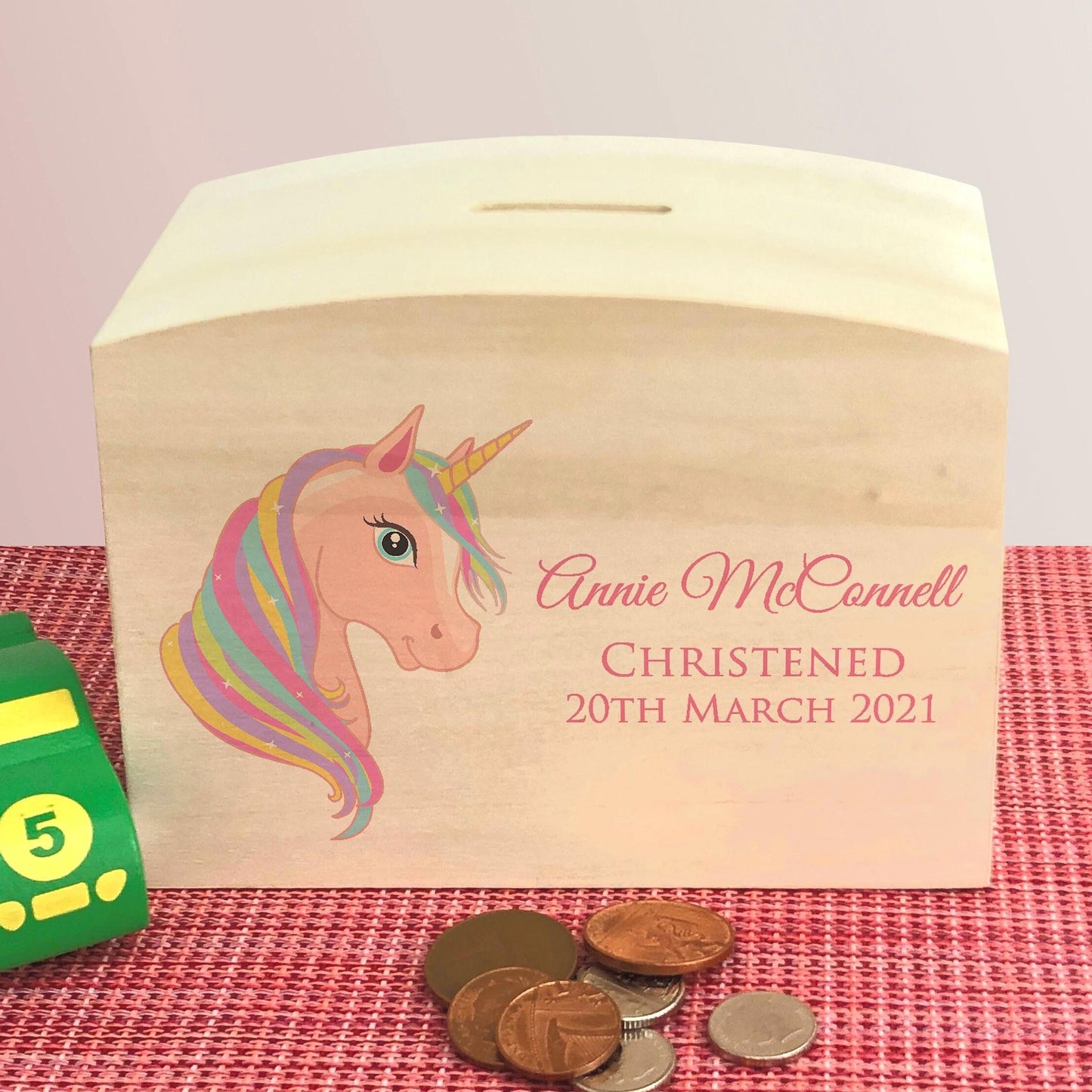 Unicorn Wooden Money Box - Colourful Personalised Birthday Saving Gift