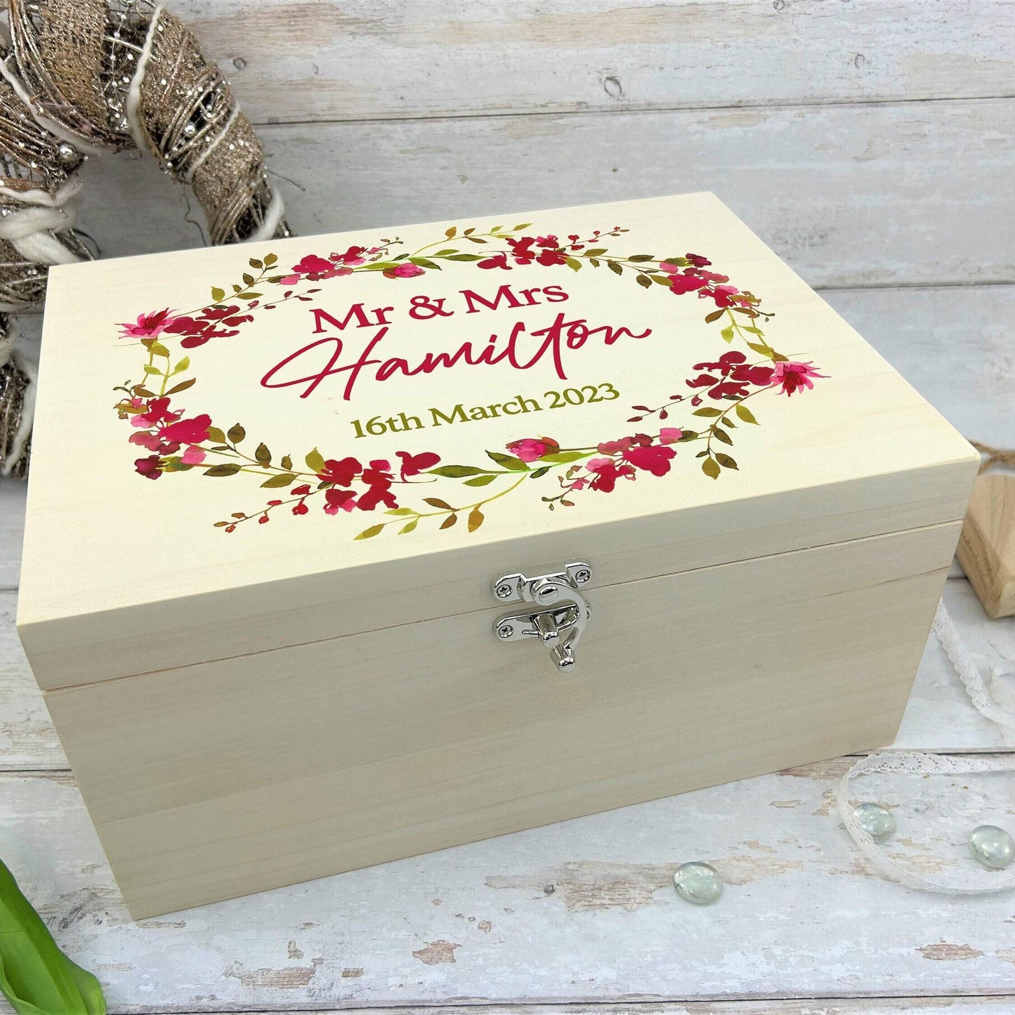 Wedding Memory Box - Pink Floral Wreath Design - Personalised Wedding Gift