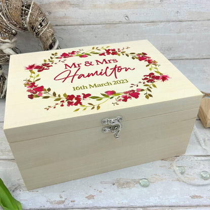 Wedding Memory Box - Pink Floral Wreath Design - Personalised Wedding Gift