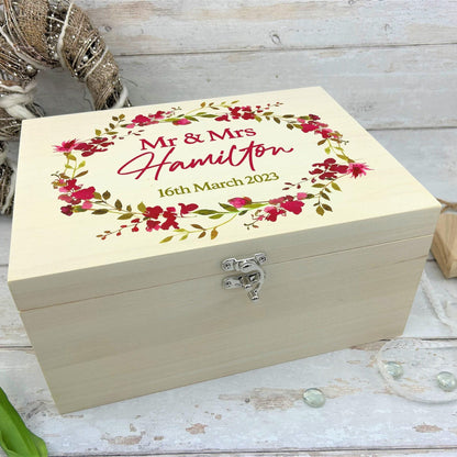Wedding Memory Box - Pink Floral Wreath Design - Personalised Wedding Gift