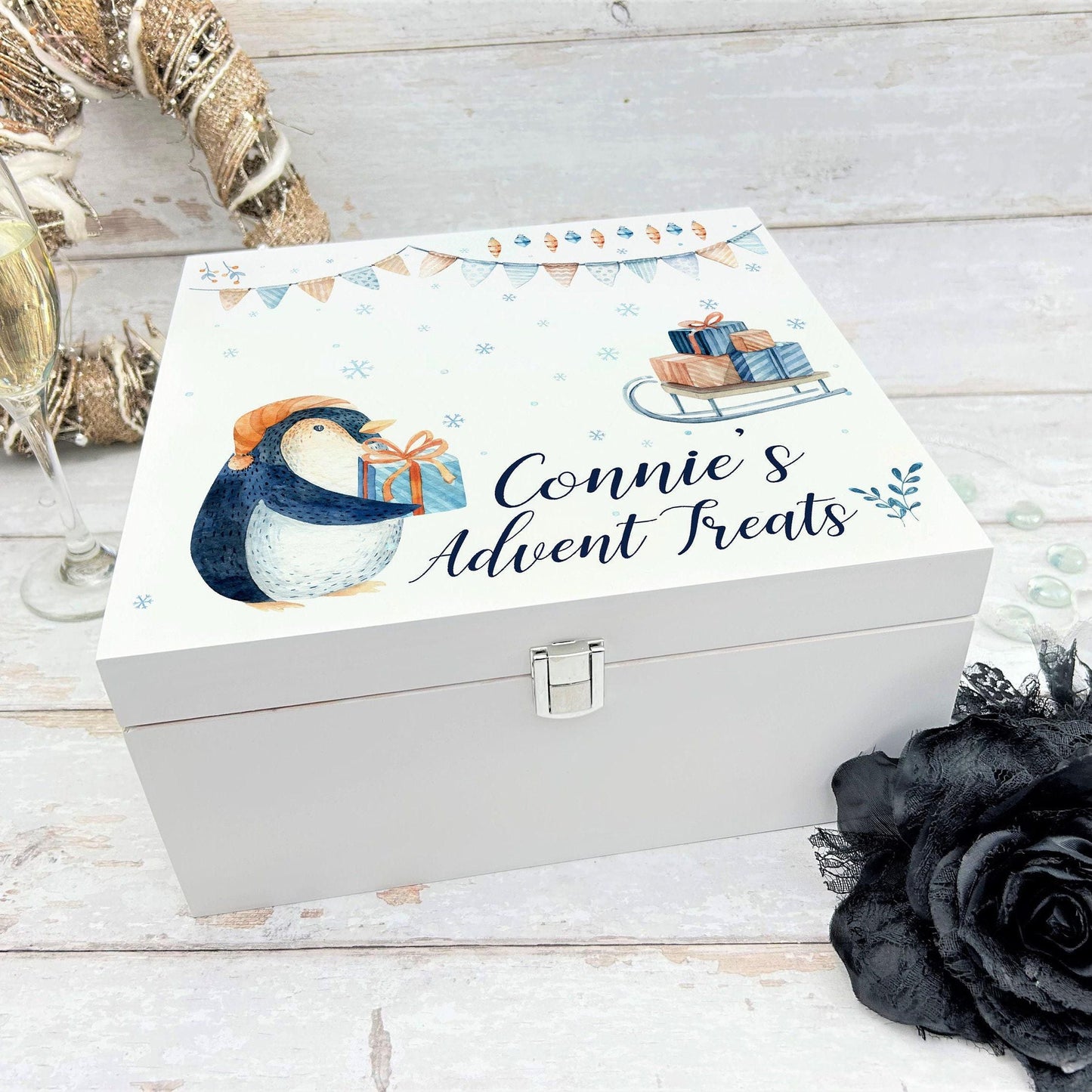 Penguin Sleigh Christmas Eve Box Treats Box - Personalised XMAS Gift