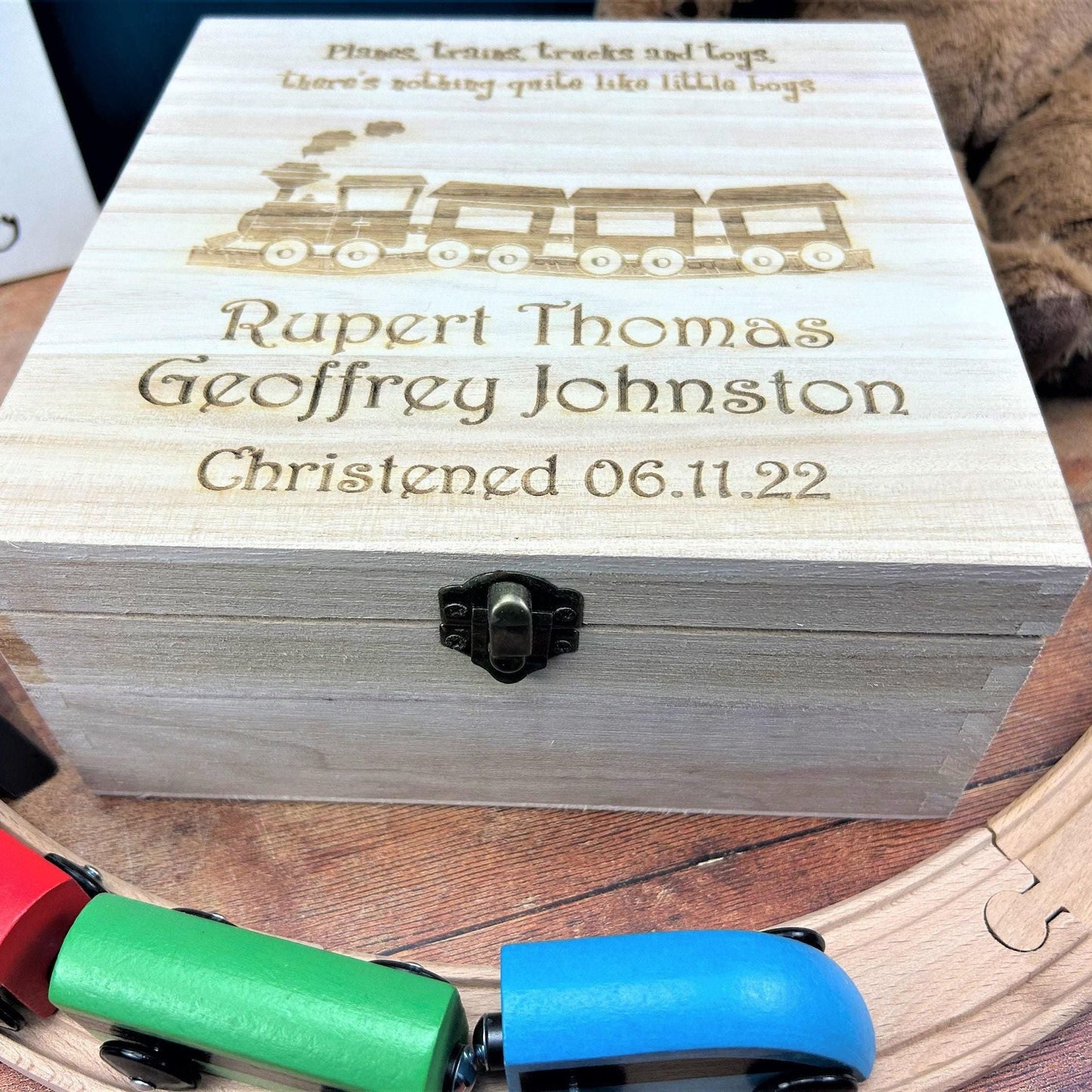 Train Design Memory Keepsake Box - Personalised Christening / New Baby Gift