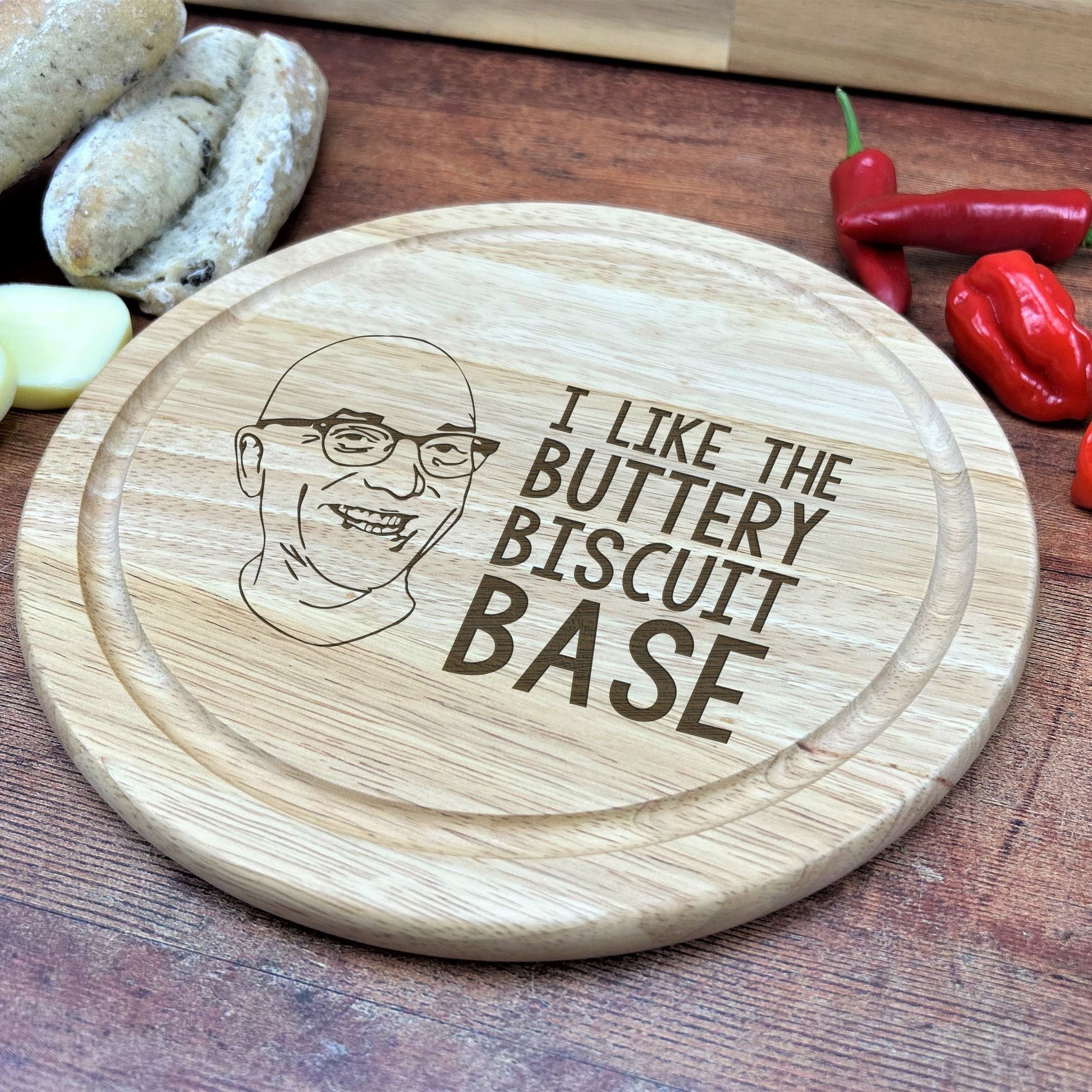 a cutting board with a picture of a man on it
