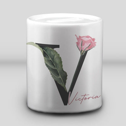 Rose Monogram Name Money Box - Personalised Gift