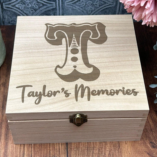 Monogram Circus Font Wooden Memory Keepsake Box Personalised Gift