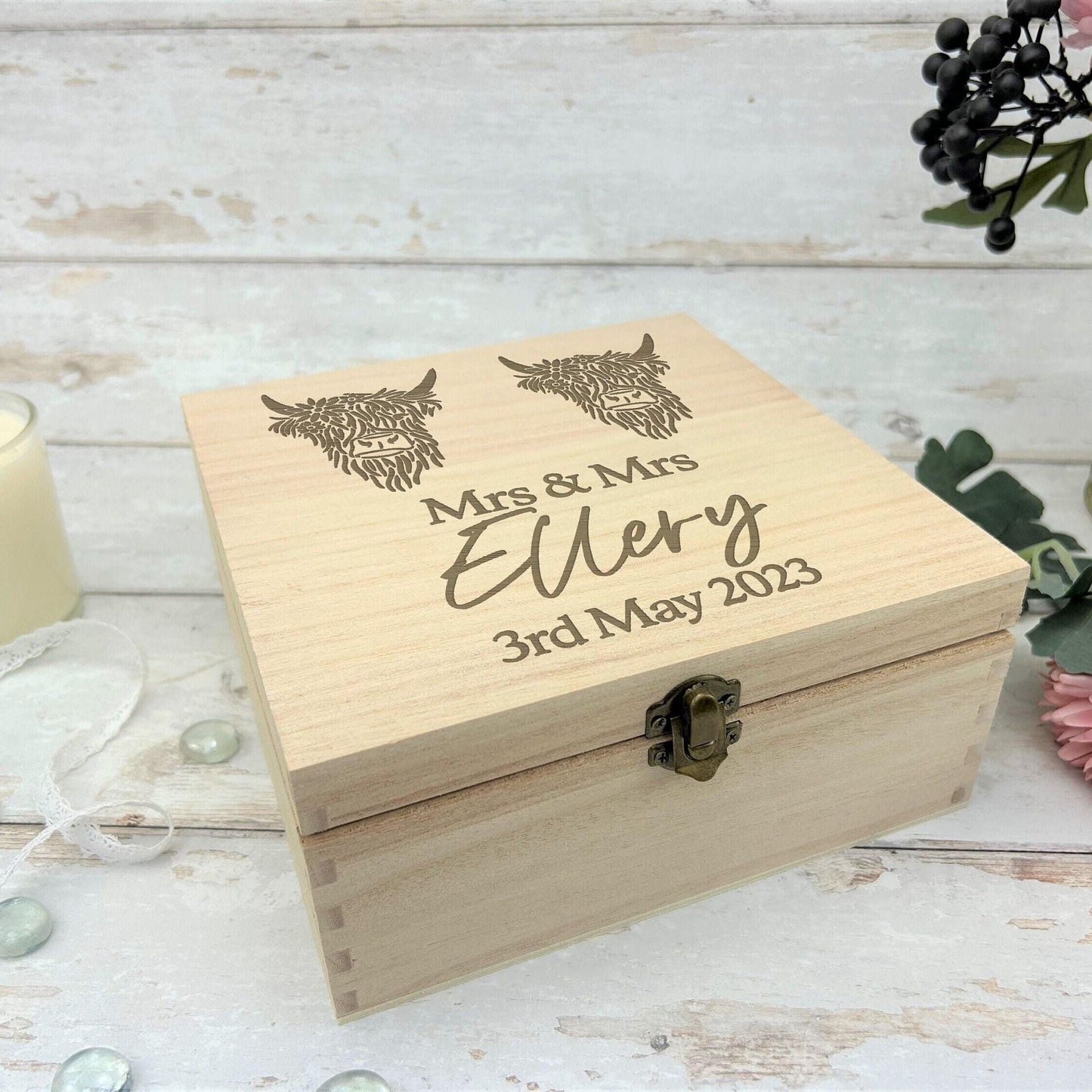 Highland Cow Mrs & Mrs Lesbian LGBT Couple Personalised Memory Box Wedding Gift