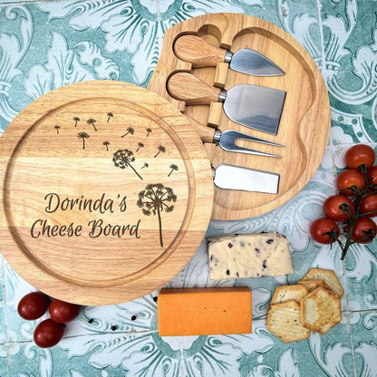 Dandelion Blowing Design Cheese Board Set with Utensils - Wooden Engraved Personalised Charcuterie Gift