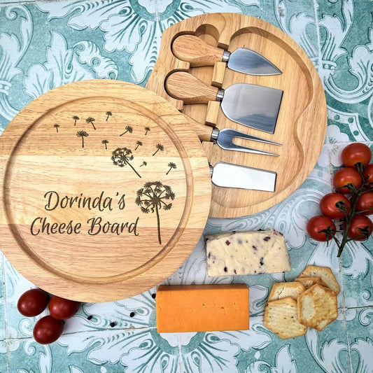 Dandelion Blowing Design Cheese Board Set with Utensils - Wooden Engraved Personalised Charcuterie Gift