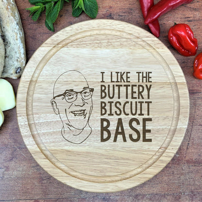 a cutting board with a picture of a man on it