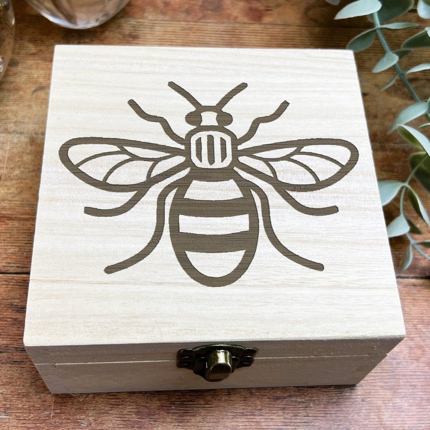 Manchester Bee Engraved Wooden Trinket Jewellery Box Christmas Gift Birthday Present