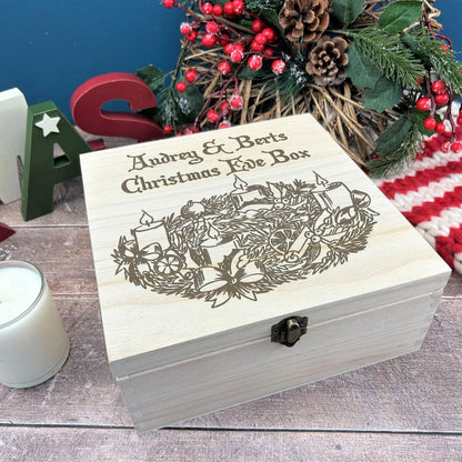 Wreath and Candles Victorian Style Wooden Christmas Eve Box Personalised Xmas Treats Gift