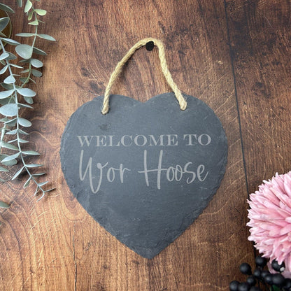 Welcome to Wor Hoose - Newcastle Geordie Dialect - Personalised Slate Heart Plaque