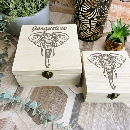 Elephant Illustration Engraved Wooden Trinket Jewellery Box Christmas Gift Birthday Present Secret Santa