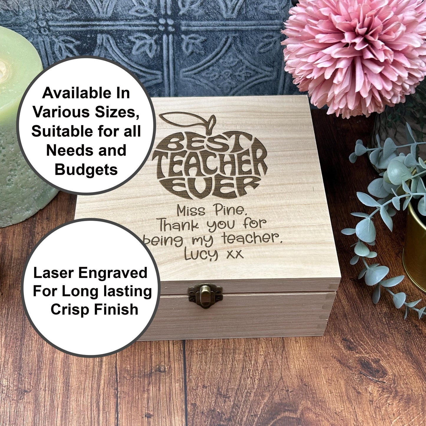 a wooden box with a teacher appreciation message on it