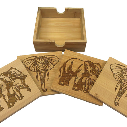 Elephant Engraved Bamboo Coaster Set New Home Décor House Warming Gift Christmas Gift Birthday Present