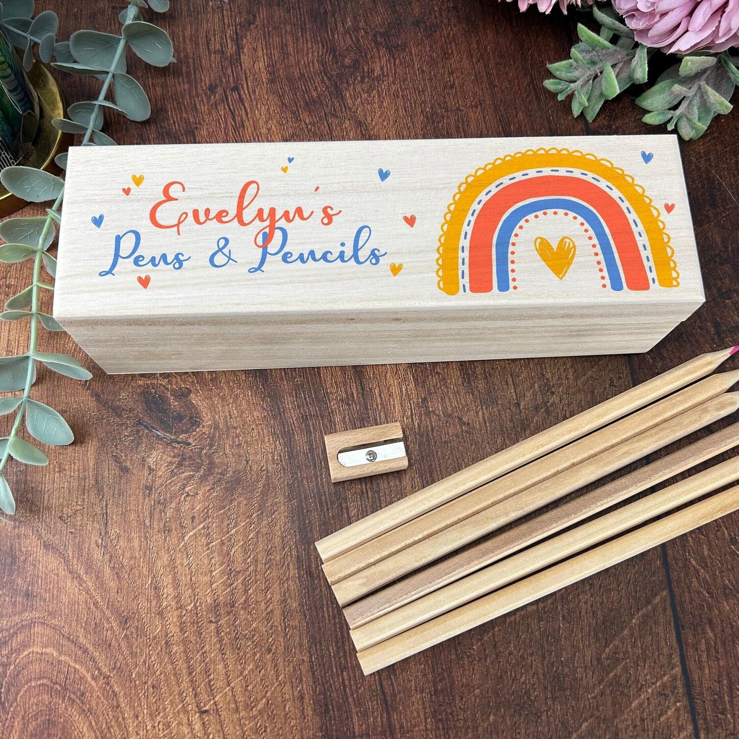 Rainbow Printed Personalised Wooden Pencil Case Box - School Stationery Birthday Gift