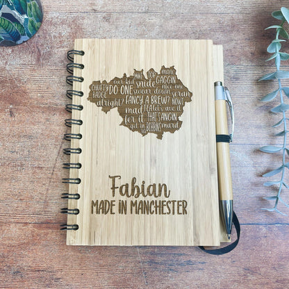 Manchester Map Mancunian Dialect Engraved Notebook Journal Bamboo