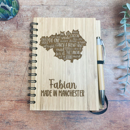 Manchester Map Mancunian Dialect Engraved Notebook Journal Bamboo