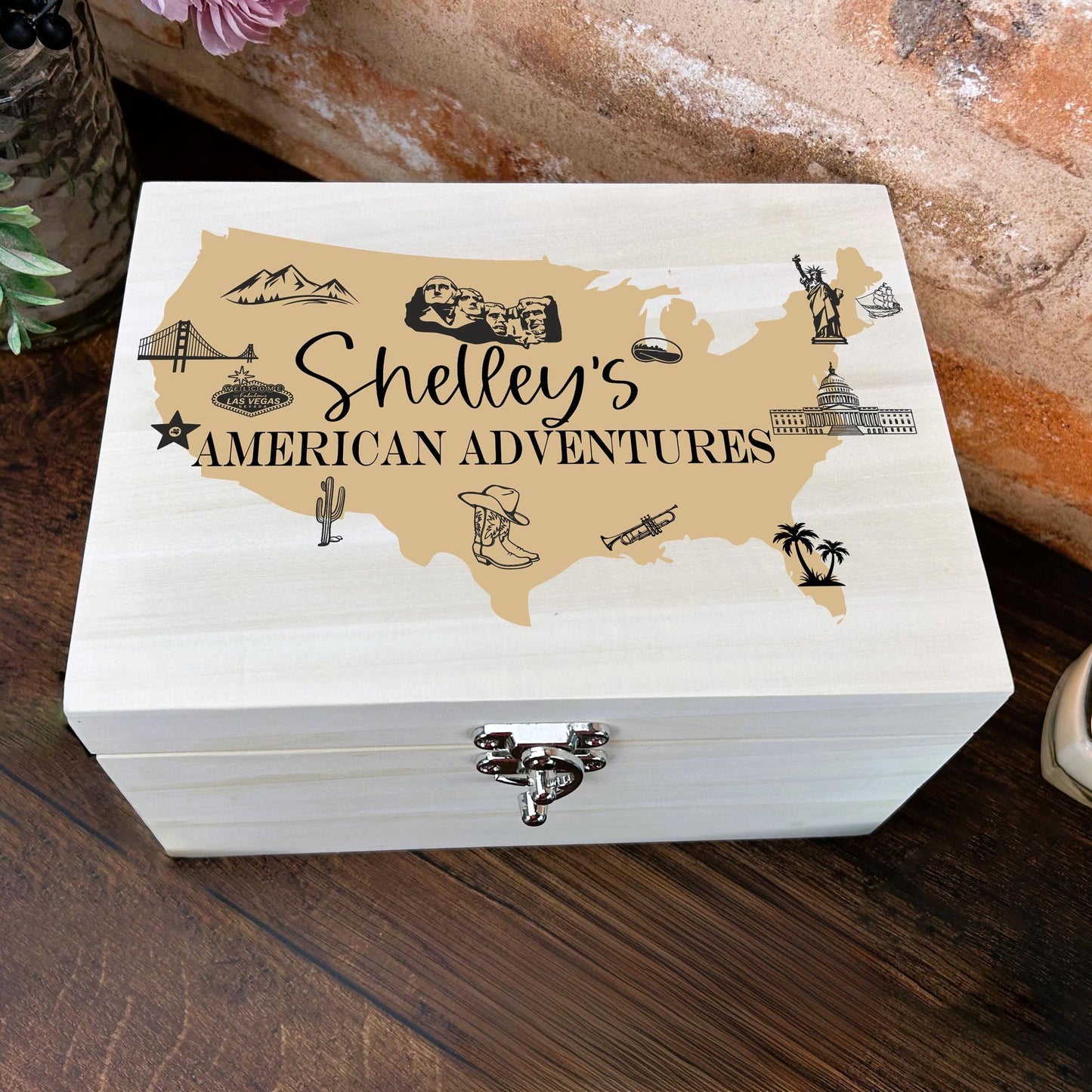 American Adventures Travel Mementos Wooden Box Personalised Gift