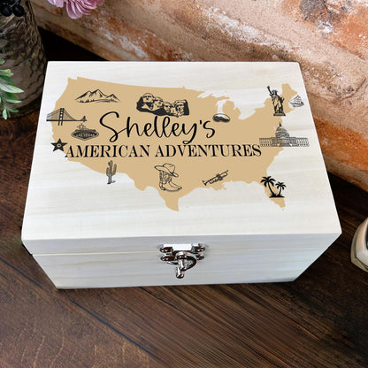 American Adventures Travel Mementos Wooden Box Personalised Gift