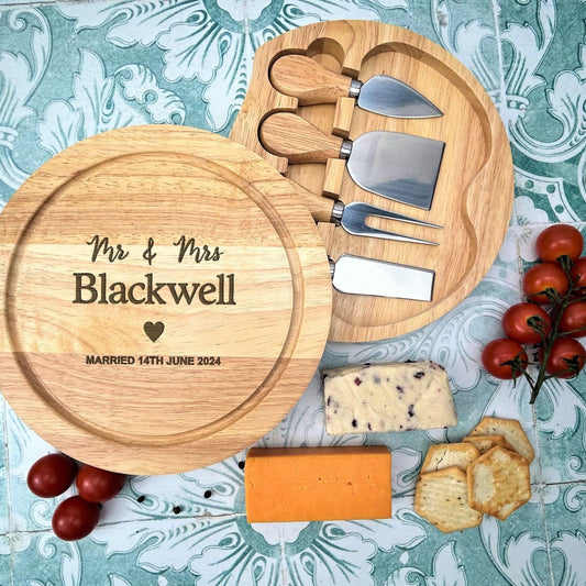 Mr & Mrs Personalised Cheese Board Set with Utensils - Wedding / 5th Anniversary - Wooden Engraved Personalised Gift
