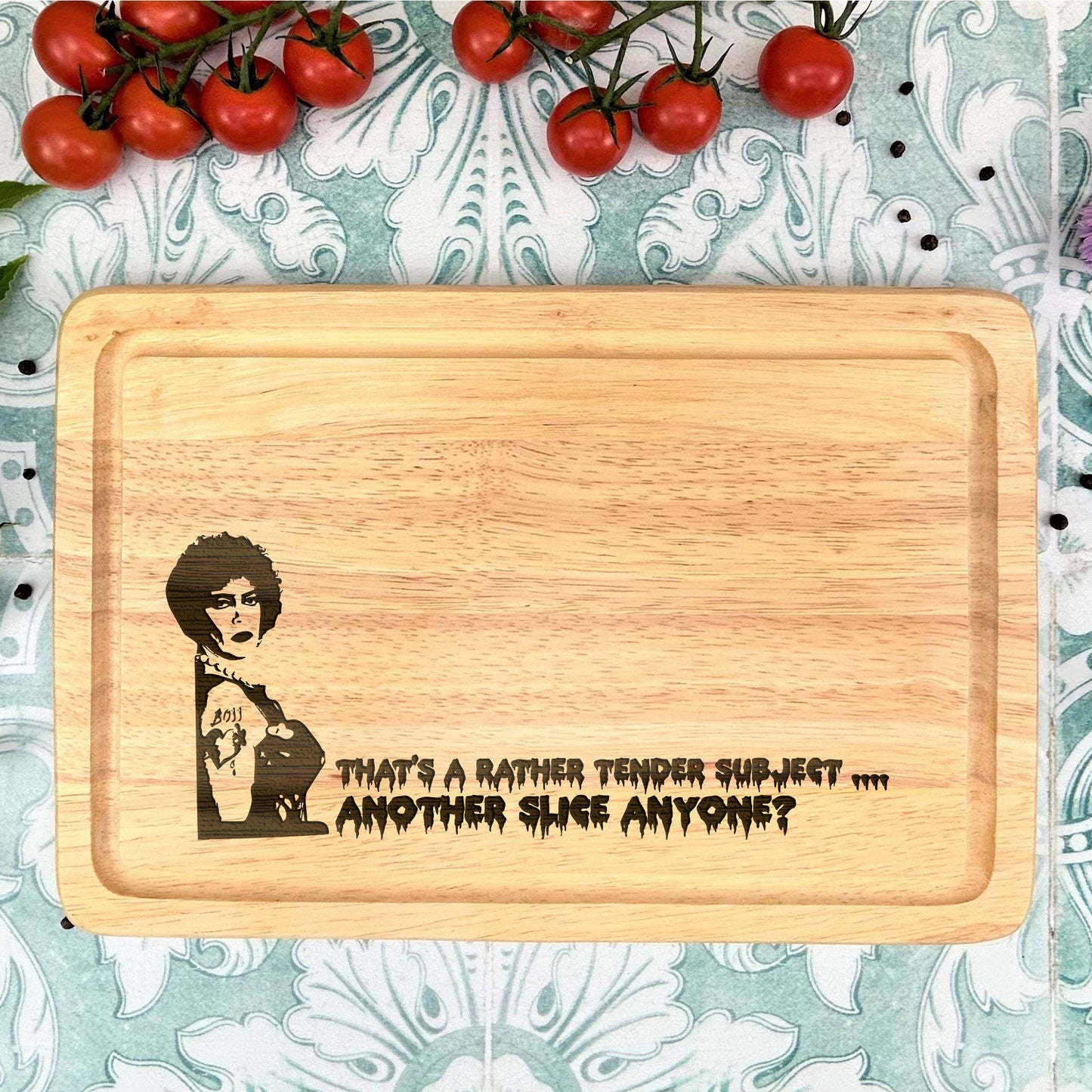 a cutting board with a picture of a woman on it