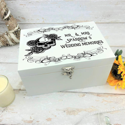Personalised Skull & Roses Memory / Keepsake White Wooden Box