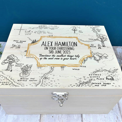 Pooh Bear Wood Map Christening New Baby Personalised Wooden Memory Box Gift