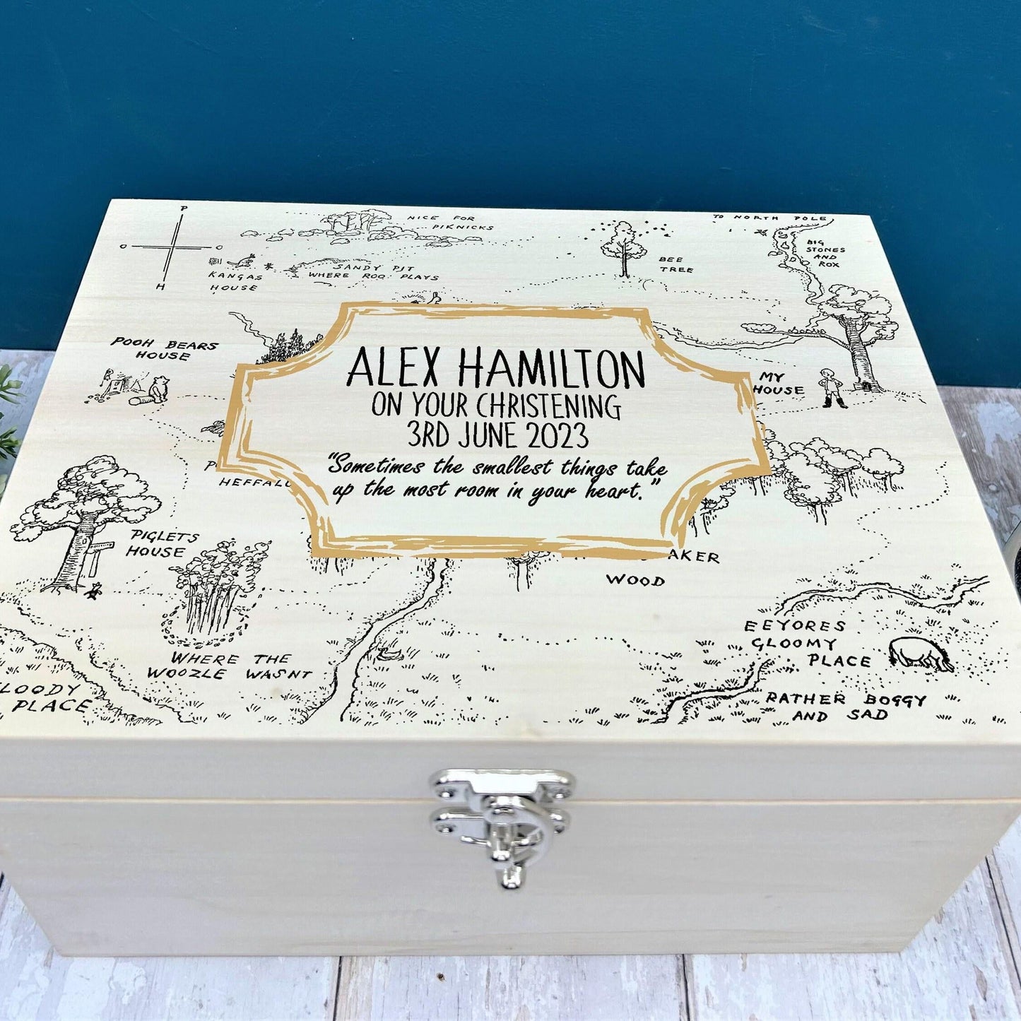 Pooh Bear Wood Map Christening New Baby Personalised Wooden Memory Box Gift