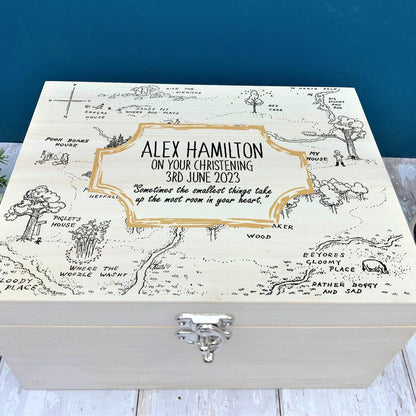 Pooh Bear Wood Map Christening New Baby Personalised Wooden Memory Box Gift
