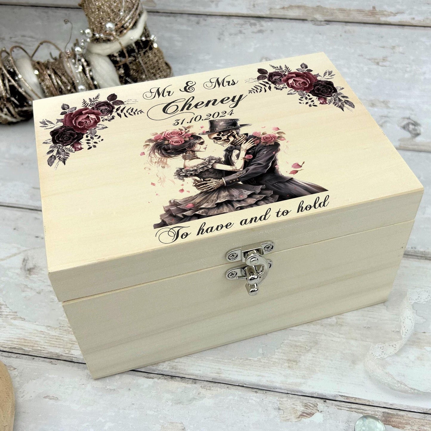 Gothic Skull Couple Personalised Wooden Memory Box - Wedding - Anniversary - Valentines - Memories & Keepsakes - Unique Unusual Present