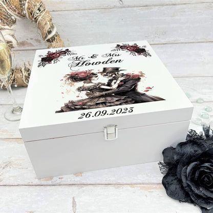 Personalised  Skull Couple White Memory / Keepsake Box - Wedding Anniversary Gift - Gothic Couple