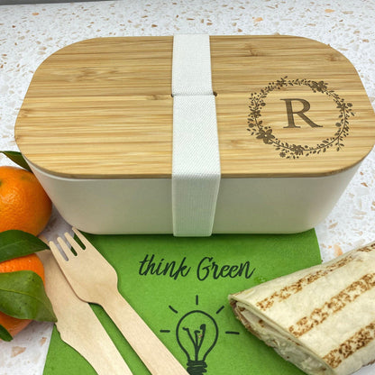 Floral Initial Personalised Bamboo Eco Friendly Lunchbox  - School Work Packed Lunch