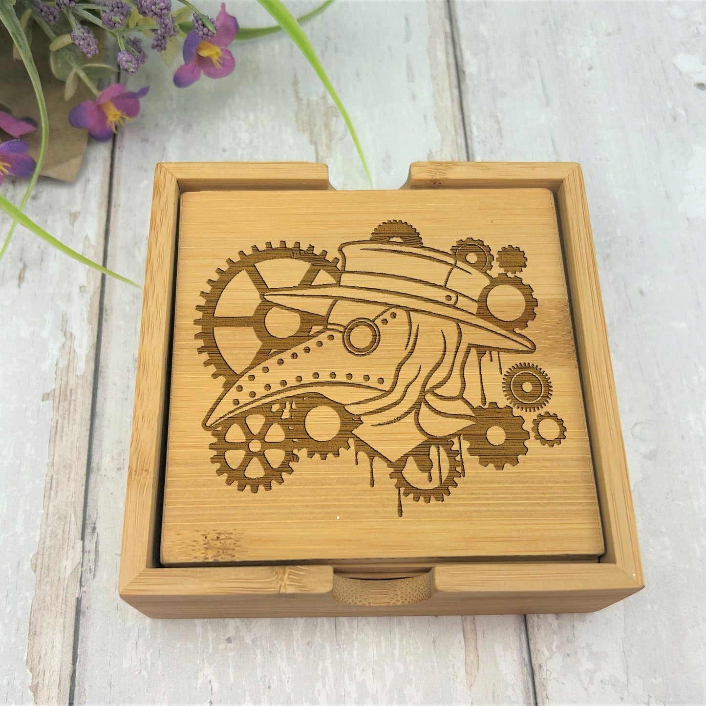 Steampunk Plague Doctor Owl Butterfly Hat Victorian Engraved Bamboo Coaster Set New Home Décor House Warming Christmas Gift Birthday Present