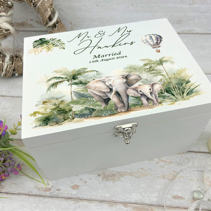 Safari Elephant White Memory Keepsake Storage Box - Personalised Gift