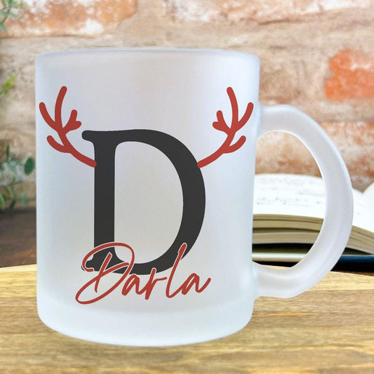 Reindeer Antler Personalised Initial Monogram Frosted Glass Mug Secret Santa Gift XMAS Stocking Filler