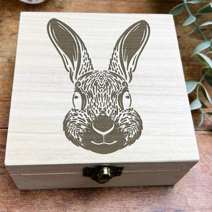 Hare Illustration Engraved Wooden Trinket Jewellery Box Christmas Gift Birthday Present  Woodland Animal Secret Santa