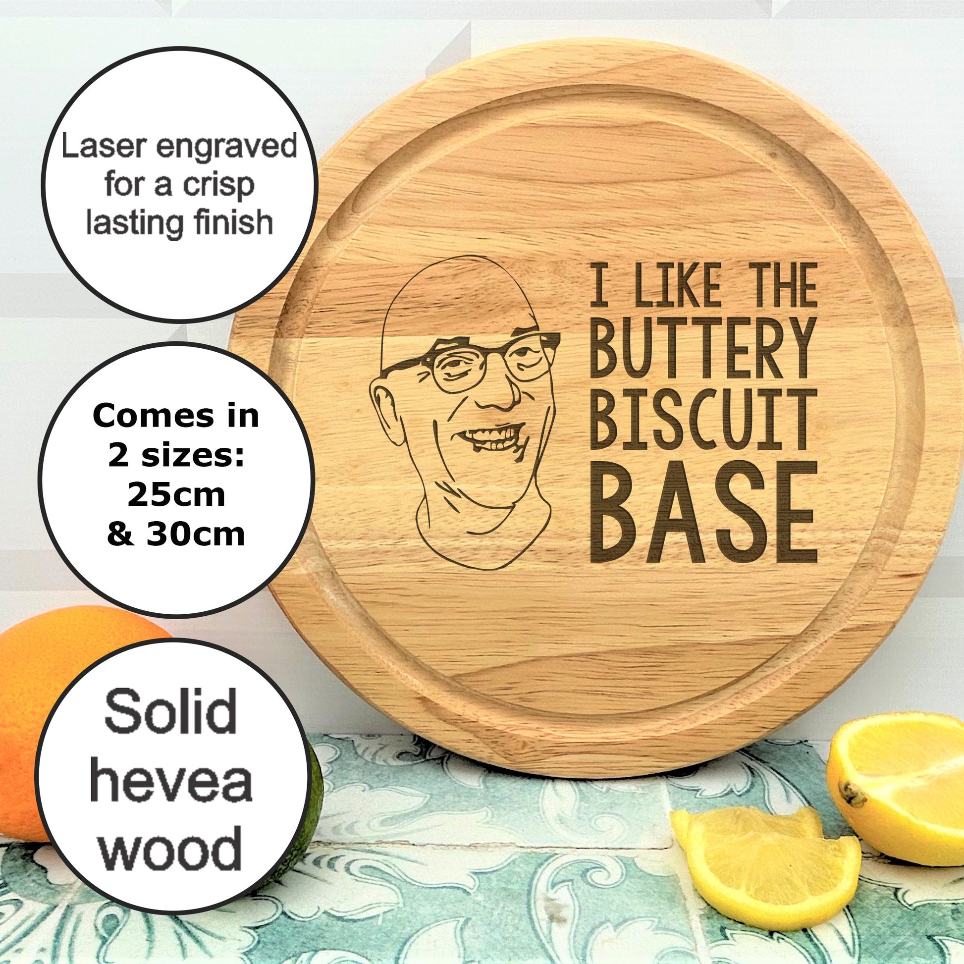 a cutting board with a picture of a man on it