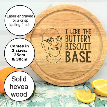 a cutting board with a picture of a man on it