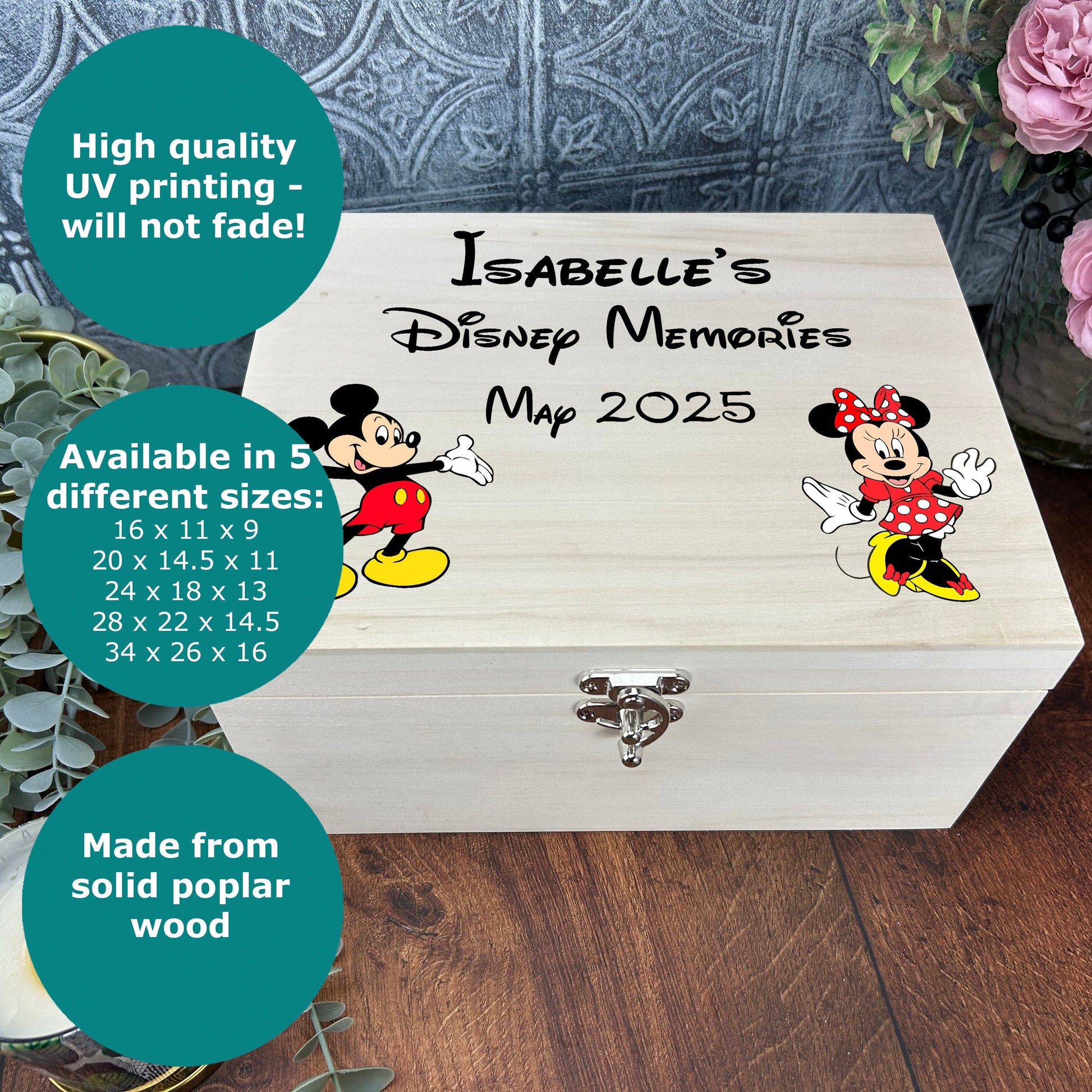 a wooden box with a picture of mickey and minnie on it