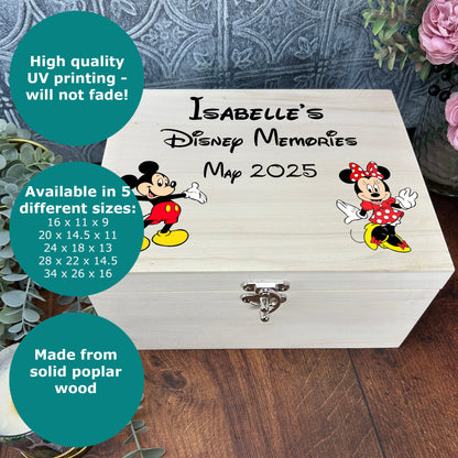 a wooden box with a picture of mickey and minnie on it