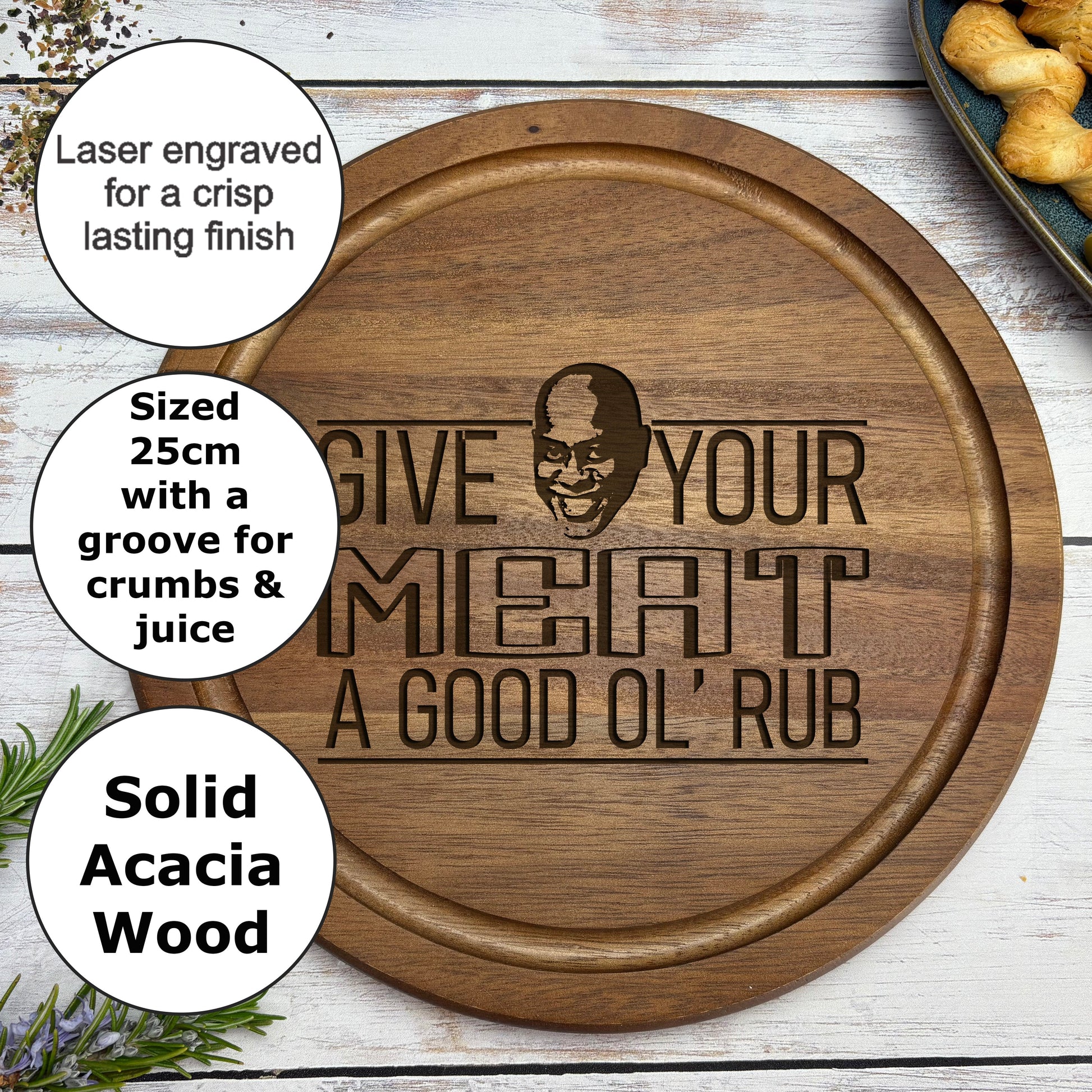 a wooden cutting board with some words on it