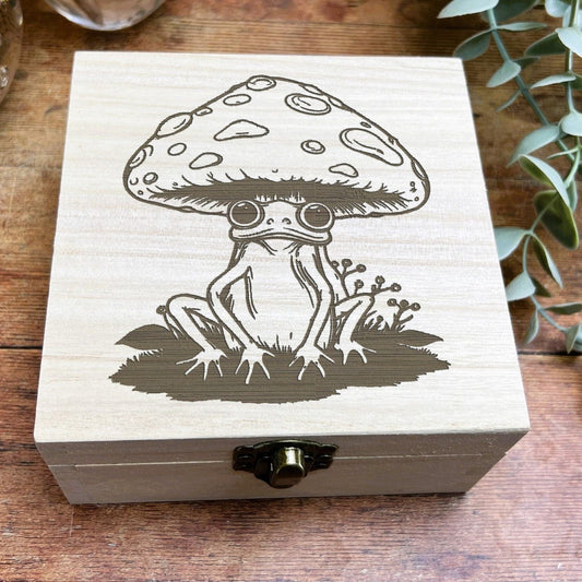 Frog Mushroom Illustration Cottage Core Engraved Wooden Box Christmas Gift Birthday Present Secret Santa