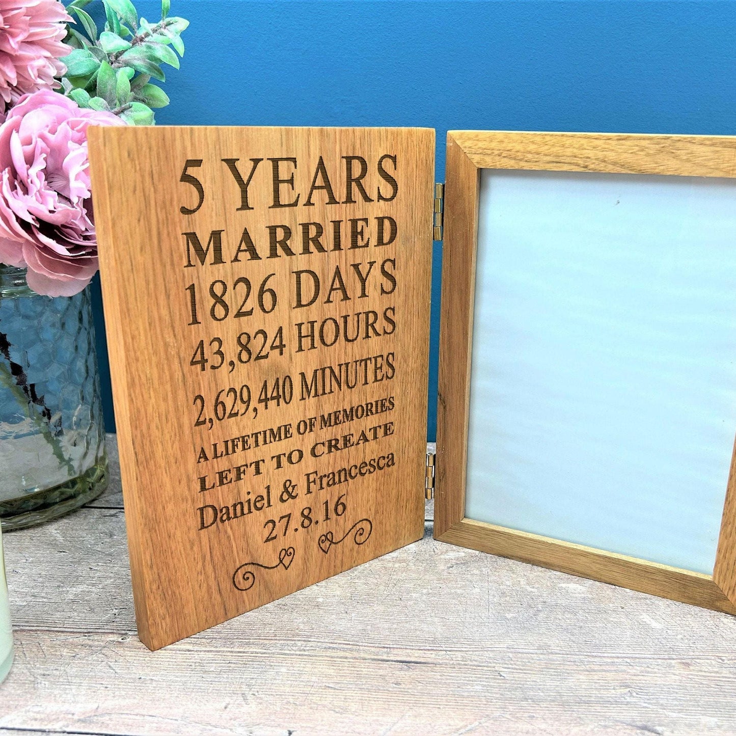 5th Anniversary Personalized Oak Photo Frame - Anniversary or Valentines Day Gift