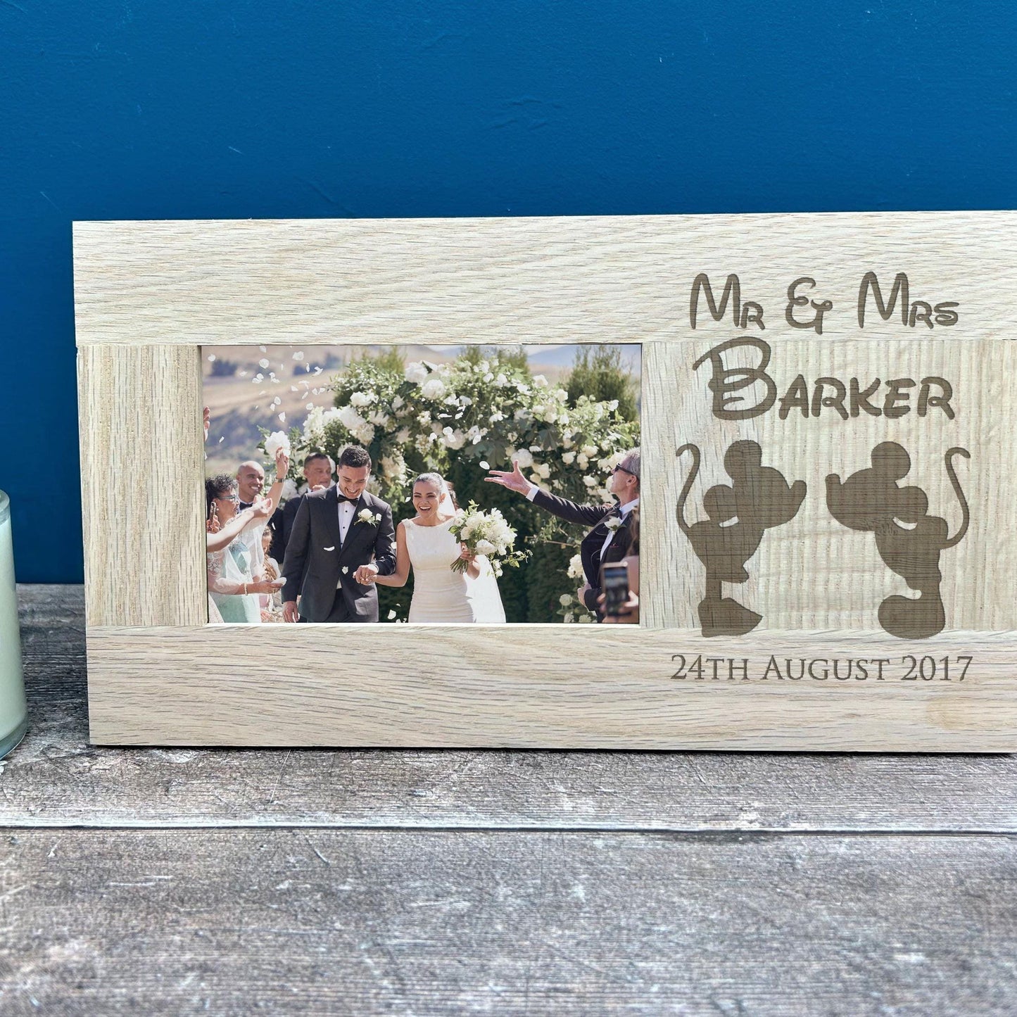Mickey & Minnie Mouse Design - Personalised Oak Photo Frame - Wedding - Anniversary - Engagement Gift