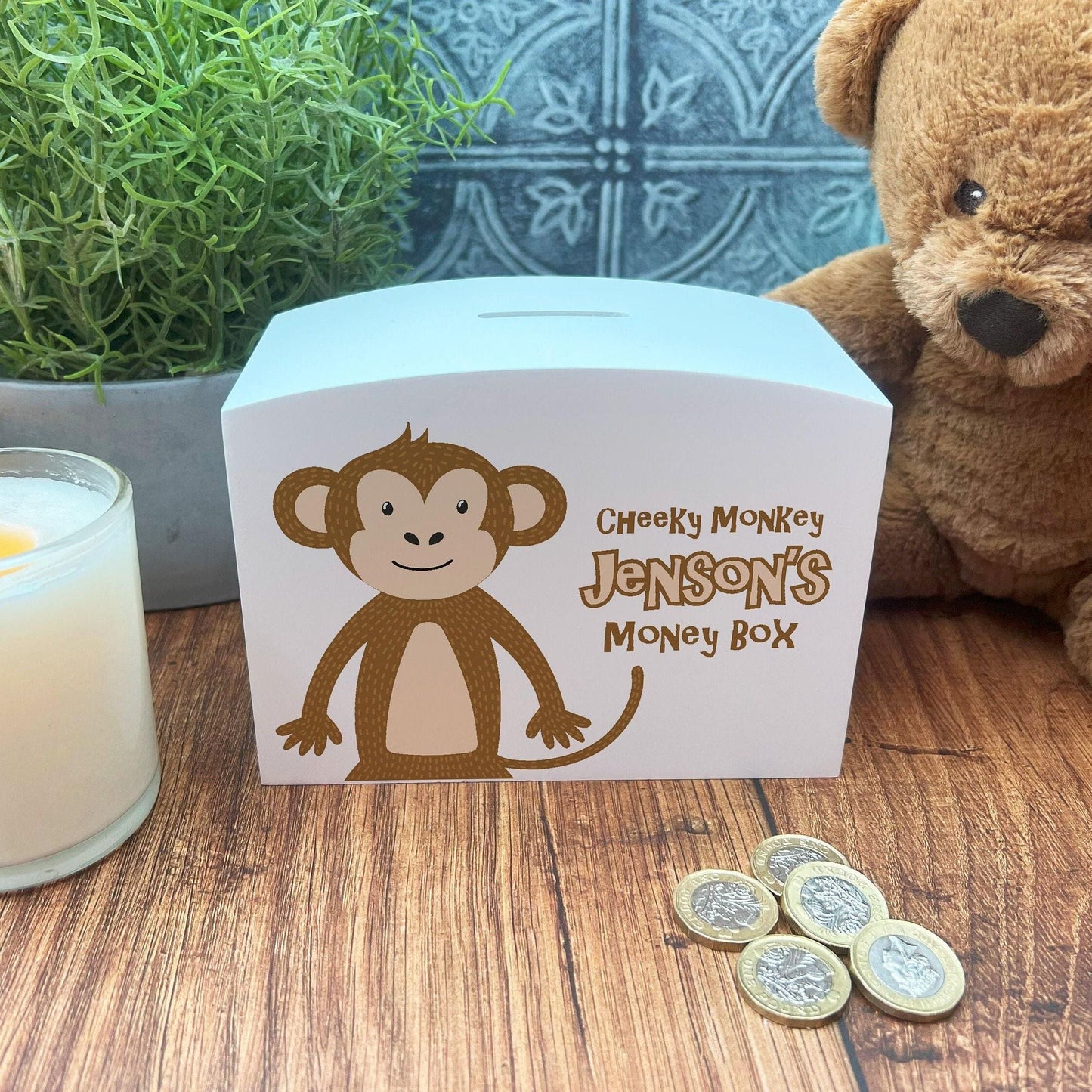 Cheeky Monkey Wooden Money Box - Personalised Children's Birthday Saving Gift