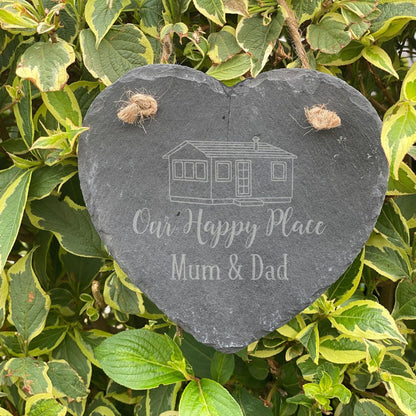 Our Happy Place - Holiday Home Sign - Beach Caravan House - Personalised Slate Heart Plaque Gift