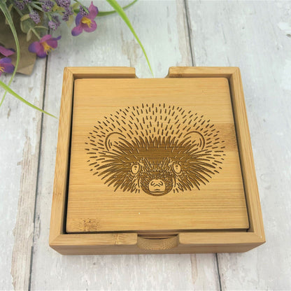Hedgehog Cottage Core Engraved Bamboo Coaster Set New Home Décor House Warming Gift Christmas Gift Birthday Present Woodland Animal