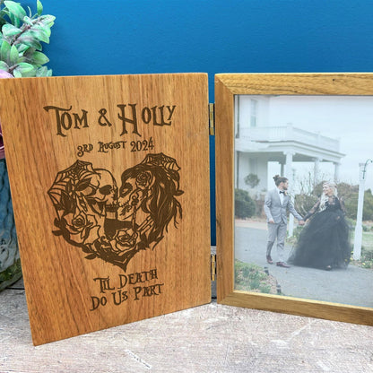 Personalised Sugar Skull Couple, Wedding, Anniversary Photo Frame. 'Til Death Do Us Part'  Gothic, Goth, Emo, Horror Themed Gift. Solid Oak