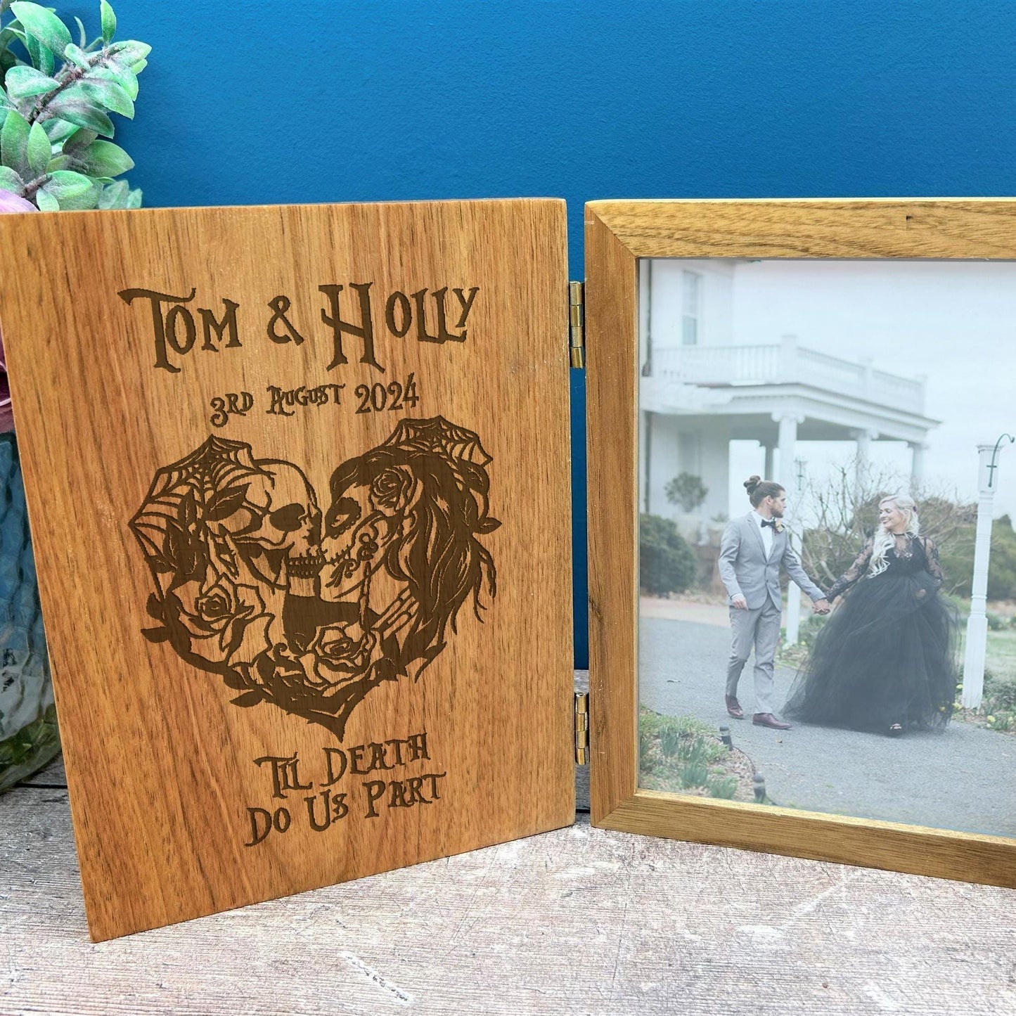 Personalised Sugar Skull Couple, Wedding, Anniversary Photo Frame. 'Til Death Do Us Part'  Gothic, Goth, Emo, Horror Themed Gift. Solid Oak